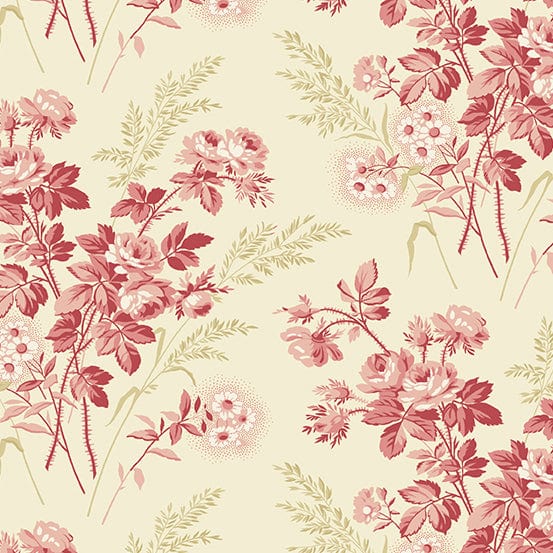 Fabric Pink quilt effect stars on cream flowers cotton fabric - Strawberies and Cream by Laundry Basket Quilts