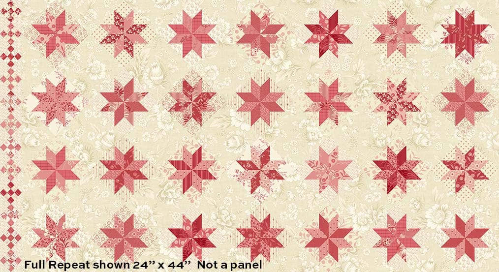 Fabric Pink quilt effect stars on cream flowers cotton fabric - Strawberies and Cream by Laundry Basket Quilts