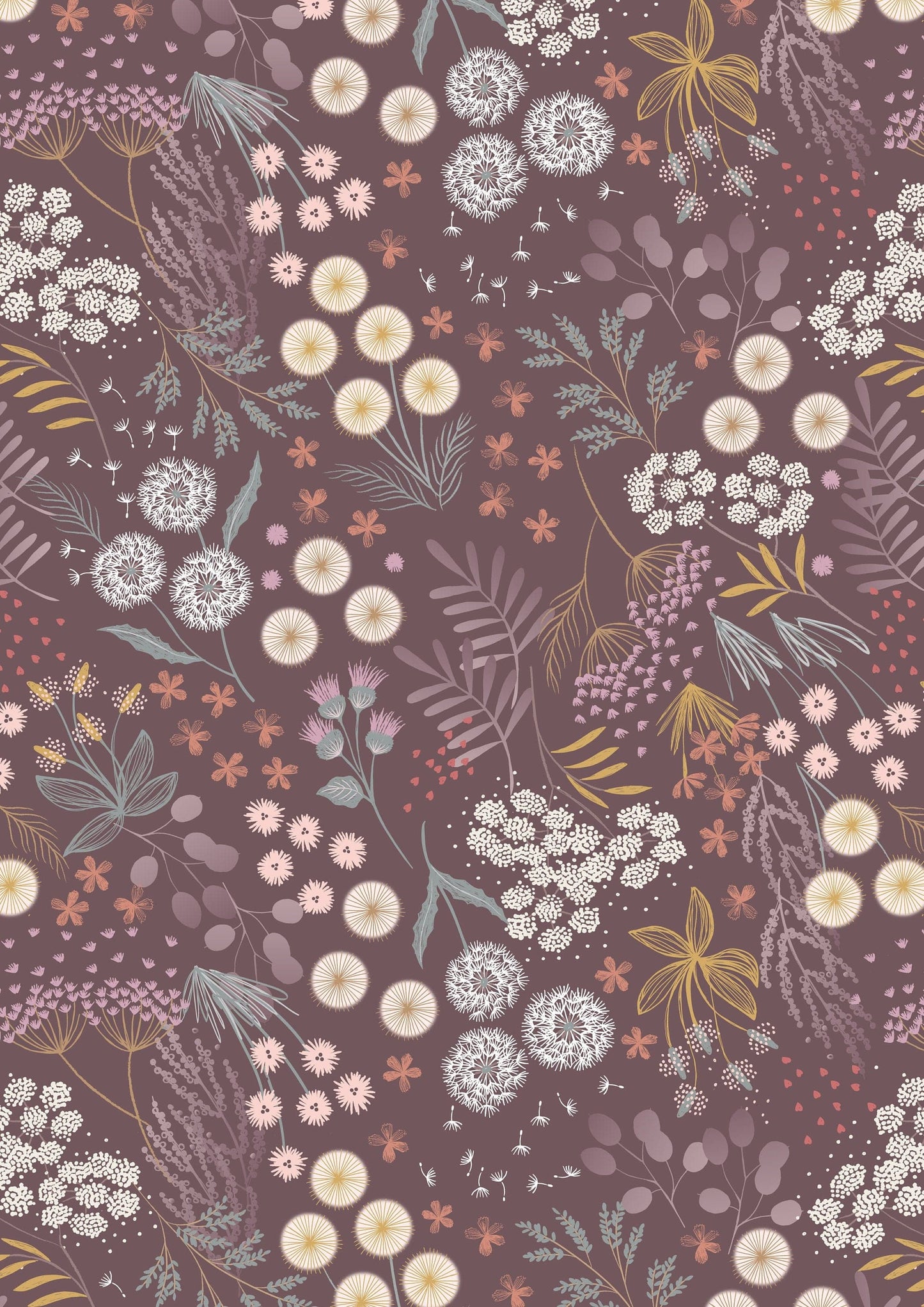 Fabric Plants and dandelion brown cotton fabric - Fairy Clocks by Lewis & Irene