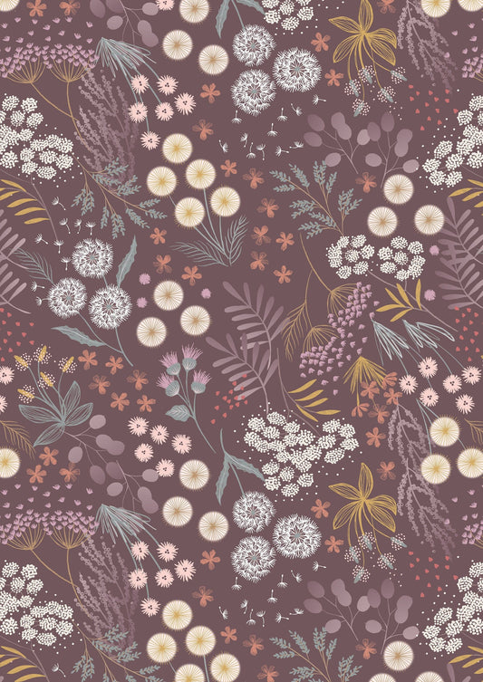 Fabric Plants and dandelion brown cotton fabric - Fairy Clocks by Lewis & Irene
