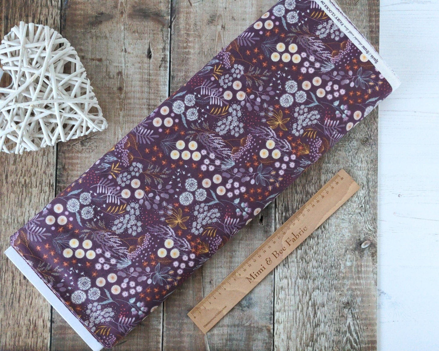 Fabric Plants and dandelion brown cotton fabric - Fairy Clocks by Lewis & Irene