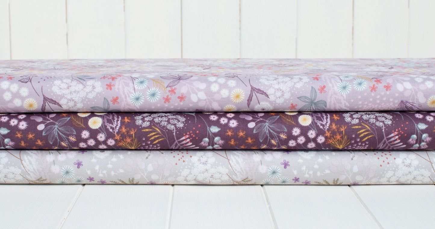 Fabric Plants and dandelion brown cotton fabric - Fairy Clocks by Lewis & Irene