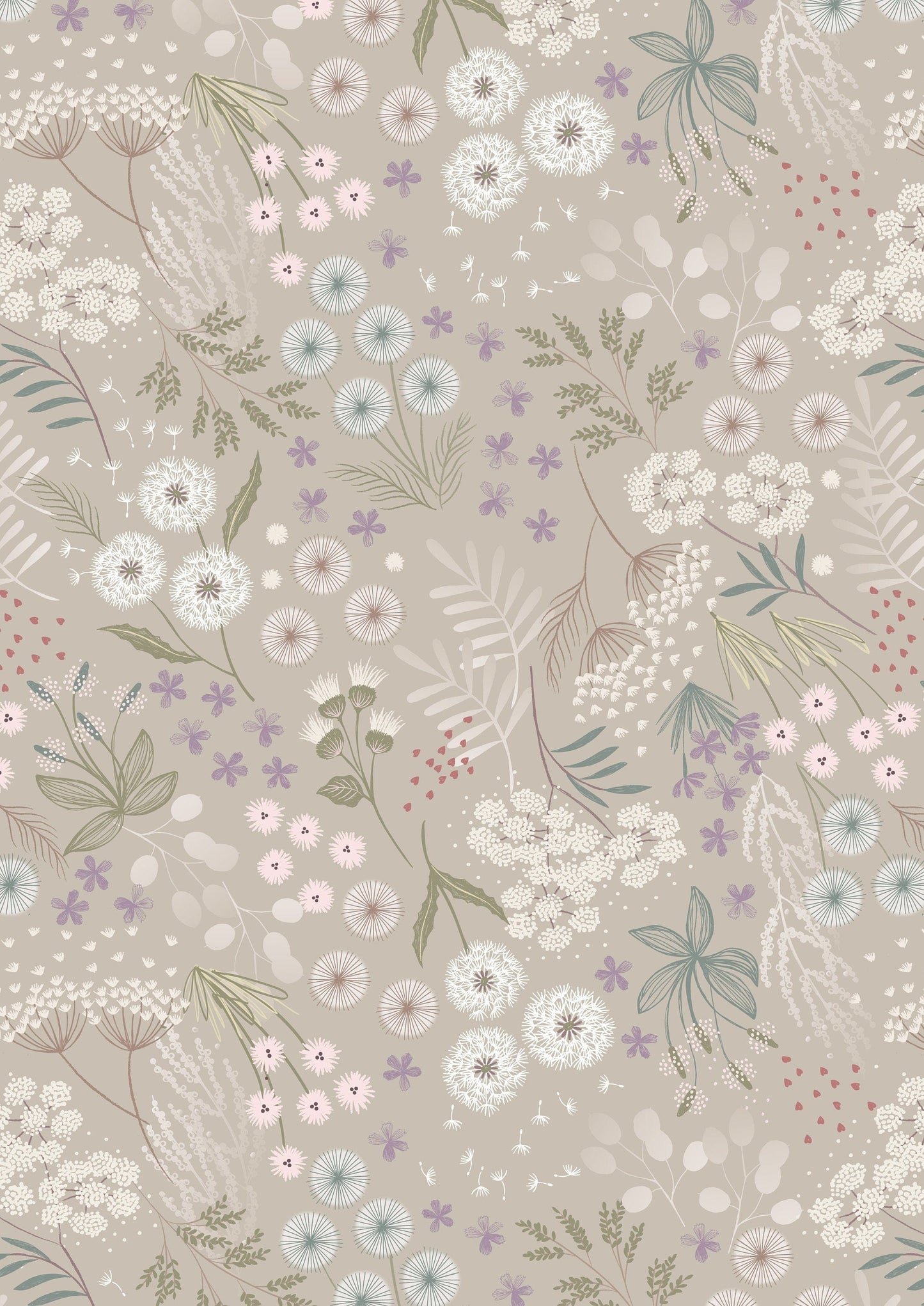 Fabric Plants and dandelion brown cotton fabric - Fairy Clocks by Lewis & Irene