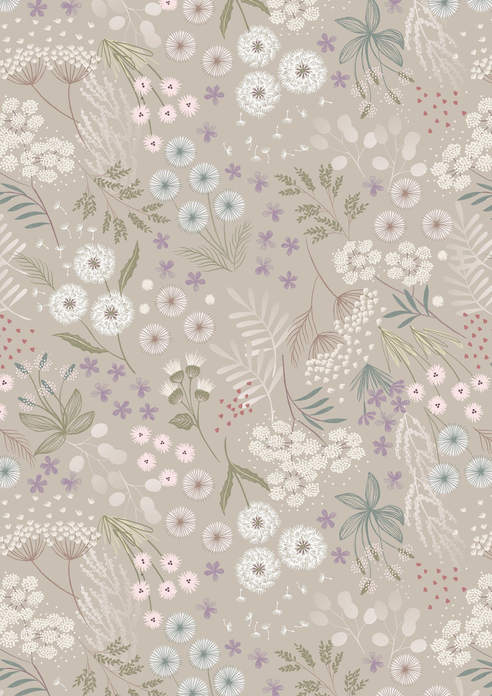 Fabric Plants and dandelion brown cotton fabric - Fairy Clocks by Lewis & Irene