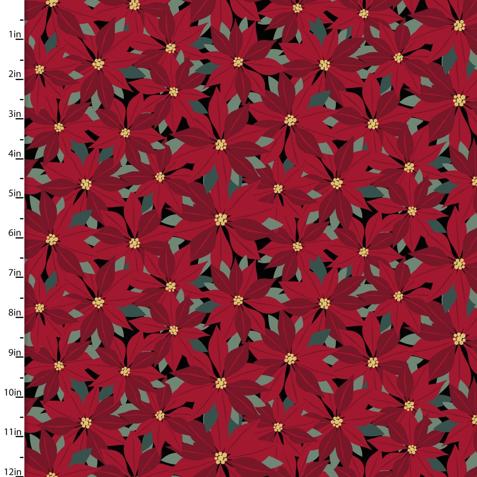 Fabric Poinsettia flowers on black cotton fabric - 3 Wishes