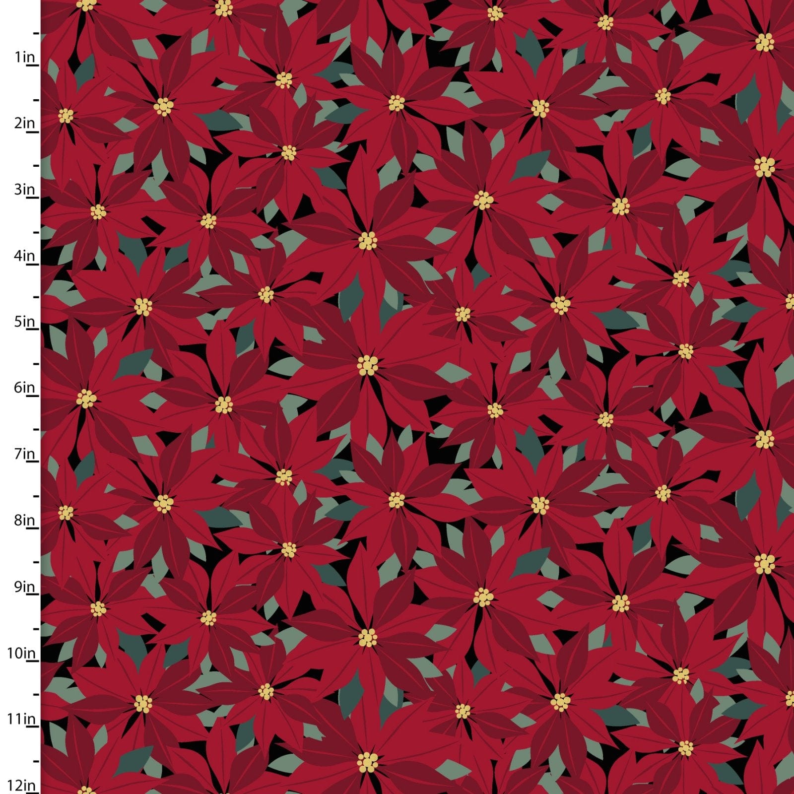 Fabric Poinsettia flowers on black cotton fabric - 3 Wishes