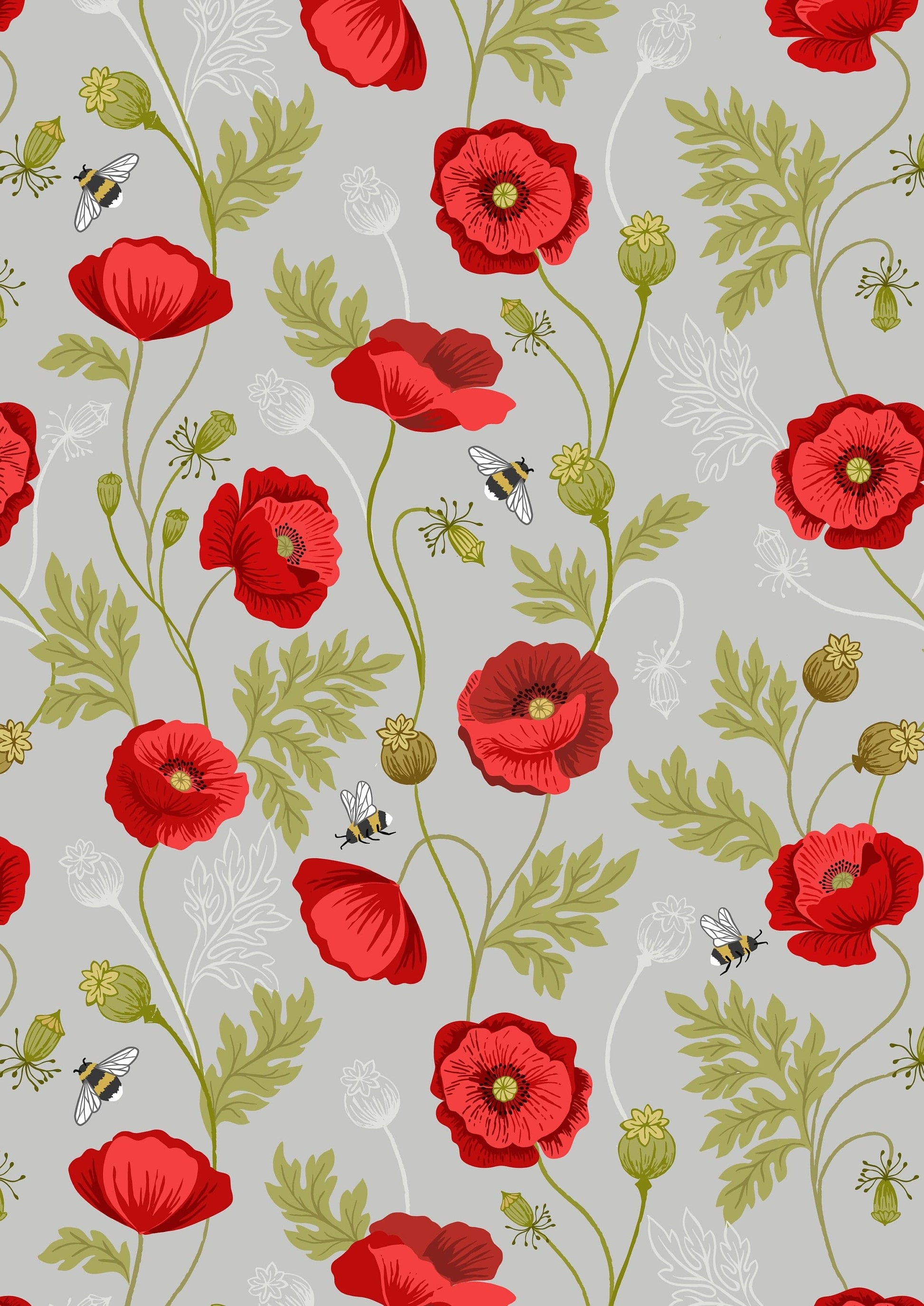 Fabric Poppies and bees on grey cotton fabric - Poppies by Lewis & Irene
