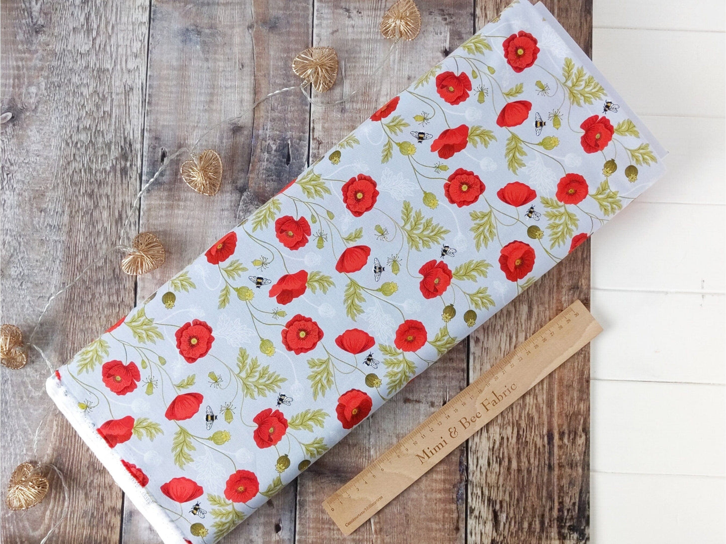 Fabric Poppies and bees on grey cotton fabric - Poppies by Lewis & Irene