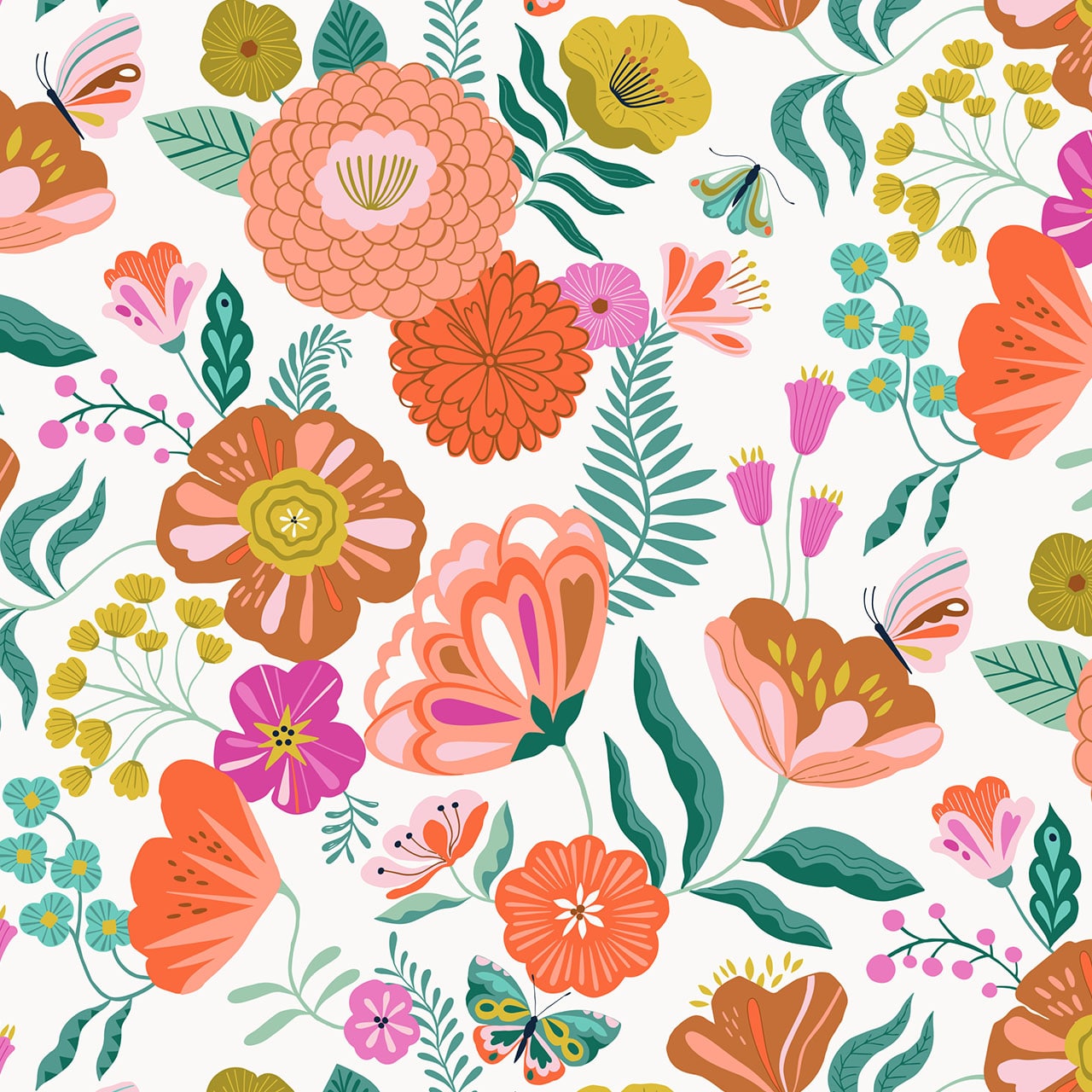Fabric Pretty Florals, Bugs & Butterflies on Pale Pink cotton fabric - Flutter By by Dashwood Studio