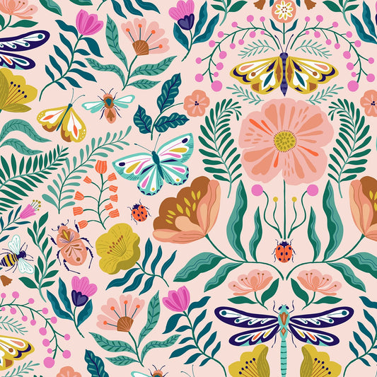 Fabric Pretty Florals, Bugs & Butterflies on Pale Pink cotton fabric - Flutter By by Dashwood Studio
