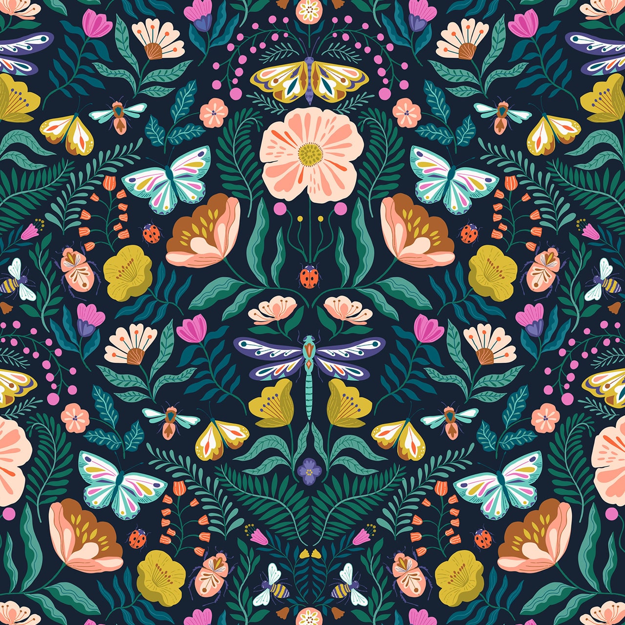 Fabric Pretty Florals, Bugs & Butterflies on Pale Pink cotton fabric - Flutter By by Dashwood Studio