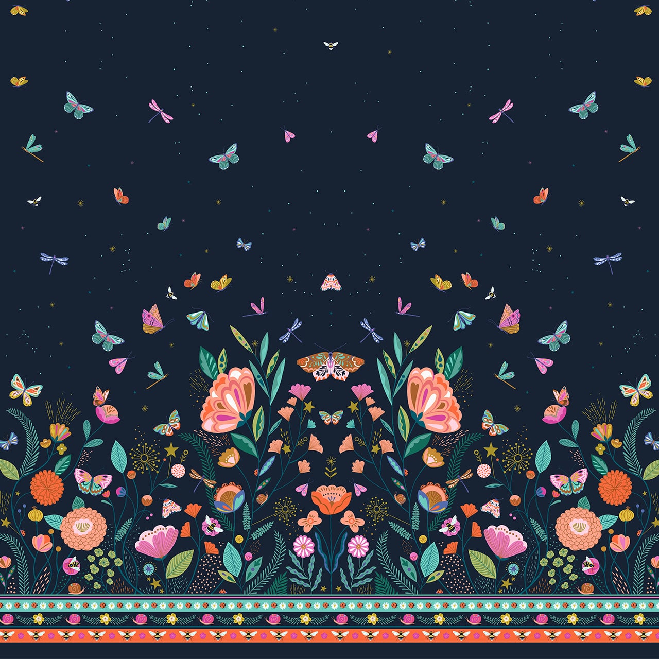 Fabric Pretty Florals, Bugs & Butterflies on Pale Pink cotton fabric - Flutter By by Dashwood Studio