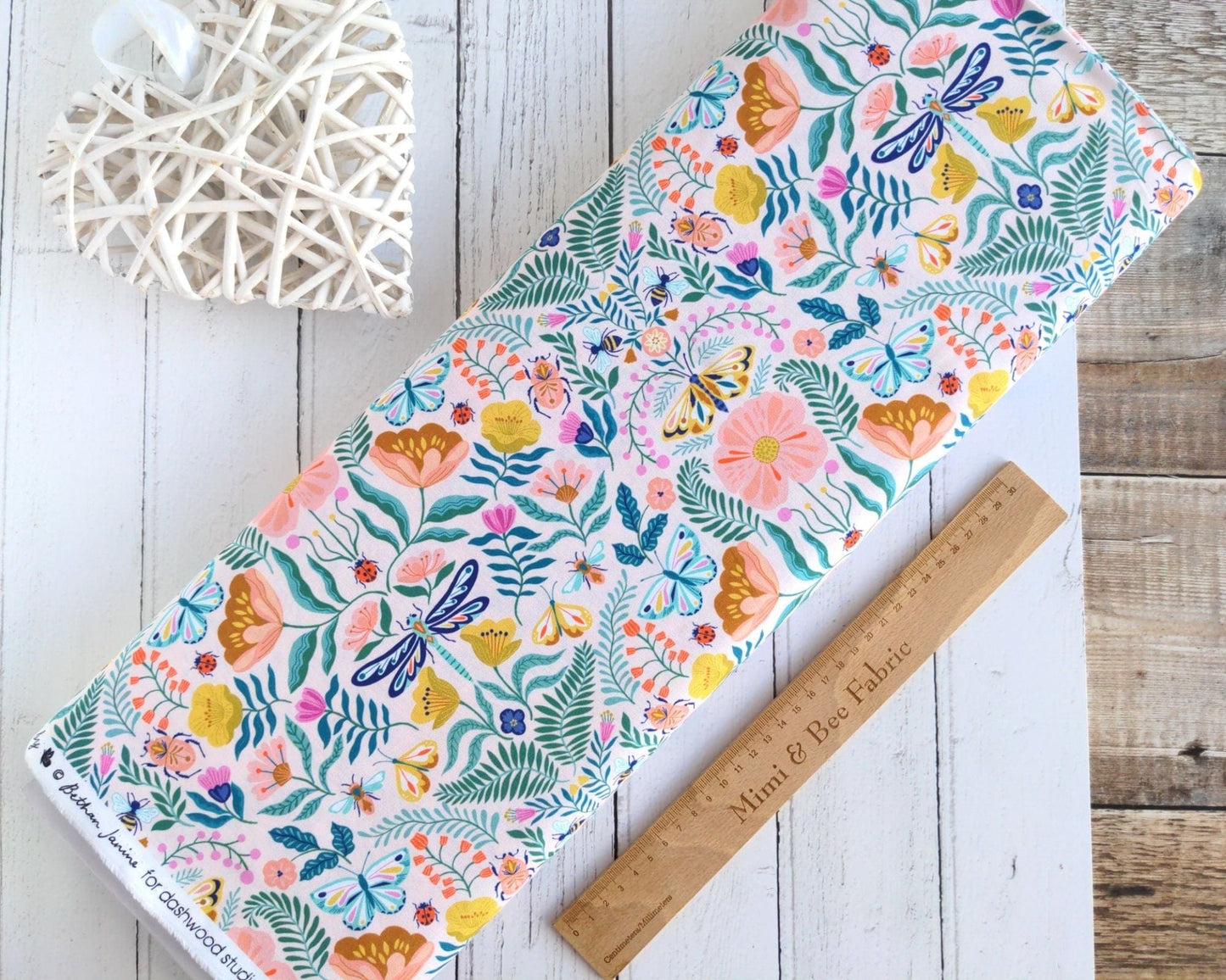 Fabric Pretty Florals, Bugs & Butterflies on Pale Pink cotton fabric - Flutter By by Dashwood Studio