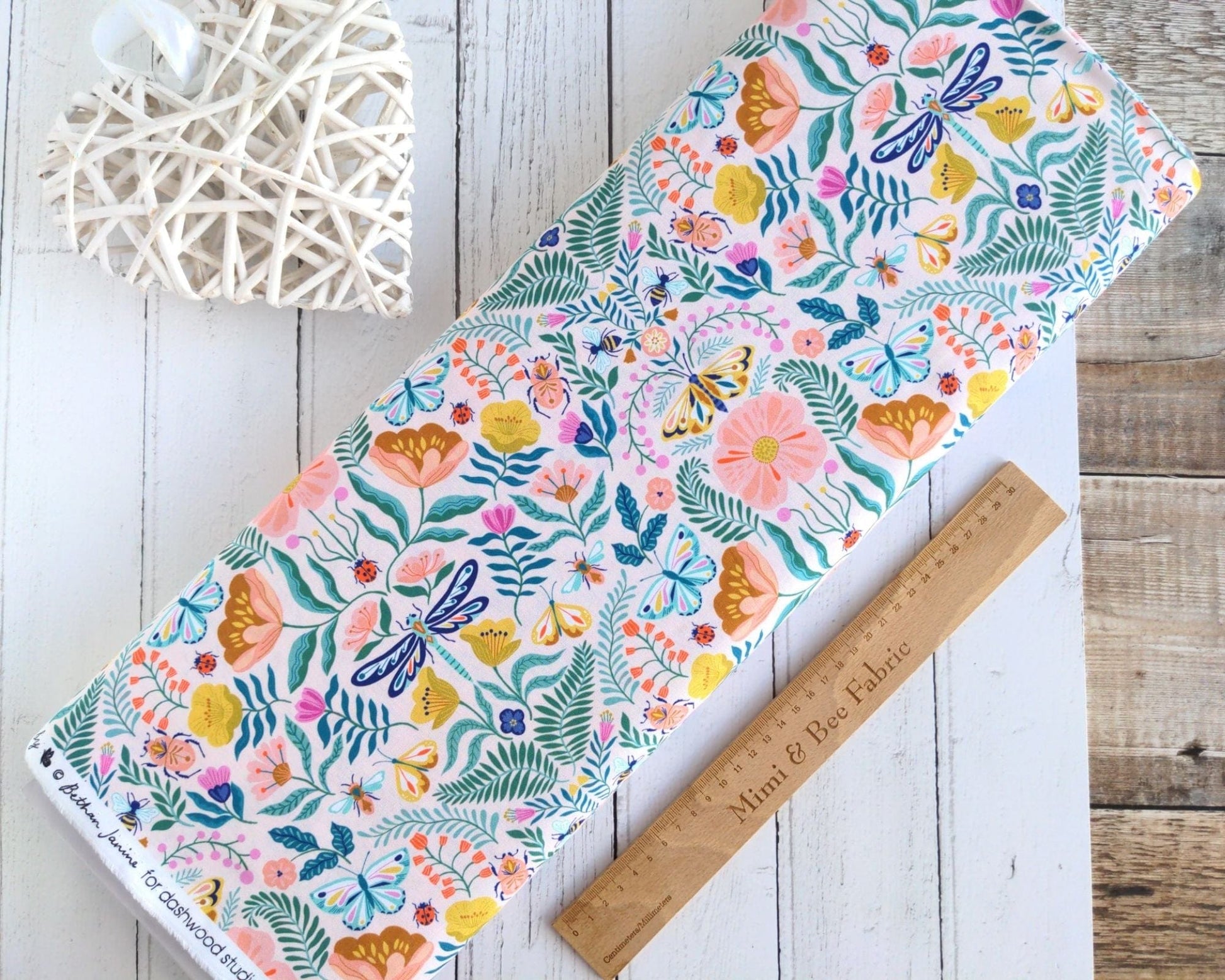 Fabric Pretty Florals, Bugs & Butterflies on Pale Pink cotton fabric - Flutter By by Dashwood Studio