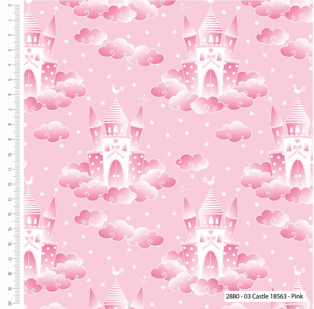 Fabric Princess Castle in the clouds stars on Pink cotton fabric - Craft Cotton Co