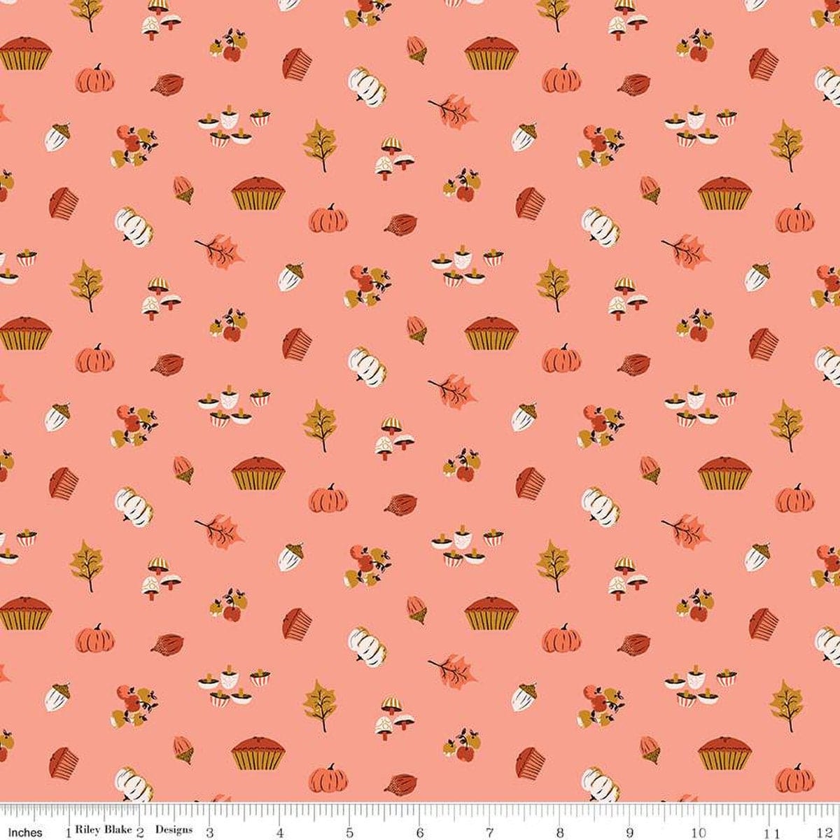 Fabric Pumpkins and leaves on coral cotton fabric - Maple - Riley Blake