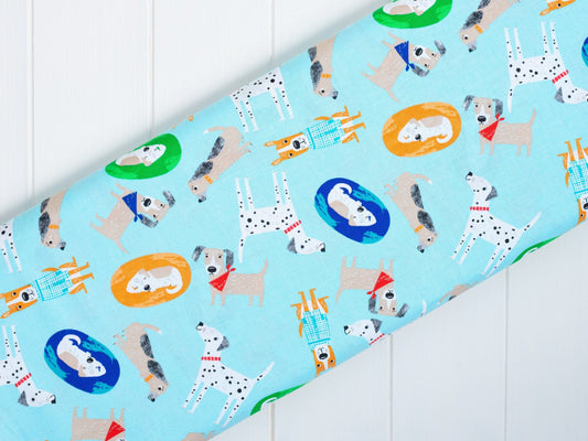 Fabric Puppy Dogs on Light Blue Cotton Fabric - Fabric Editions