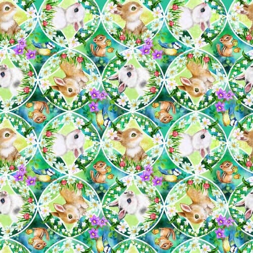 Fabric Rabbit wreath woodland Animals cotton fabric - 'Bunny Meadows' Studio E