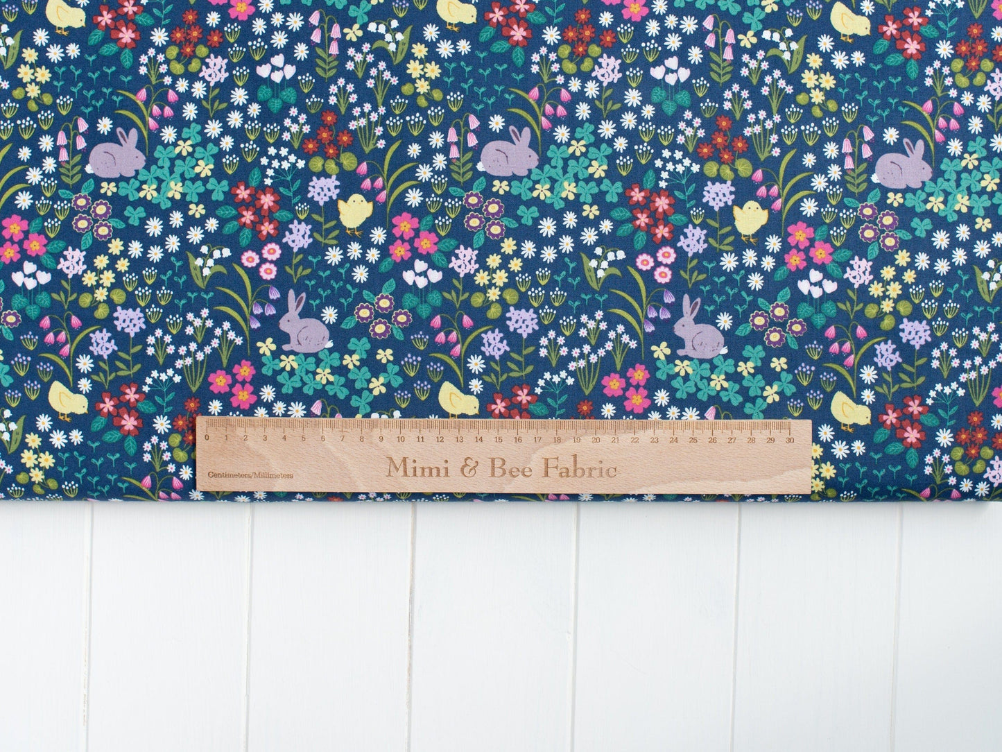 Fabric Rabbits and Chicks on dark blue floral quilting cotton fabric - Bunny Hop by Lewis & Irene