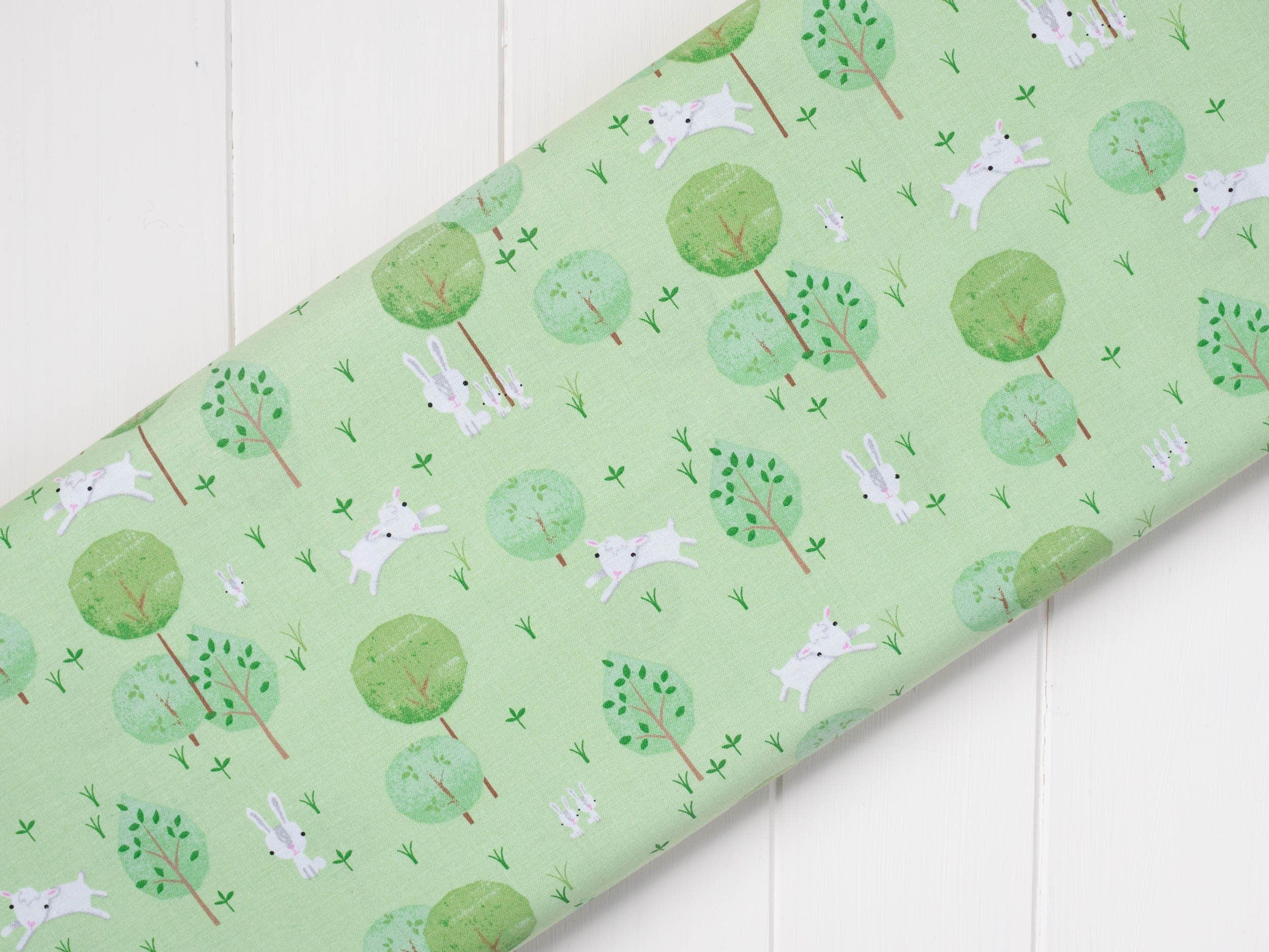 Fabric Rabbits, Lambs on green nursery cotton fabric - 'Playful Farm' Fabric Editions