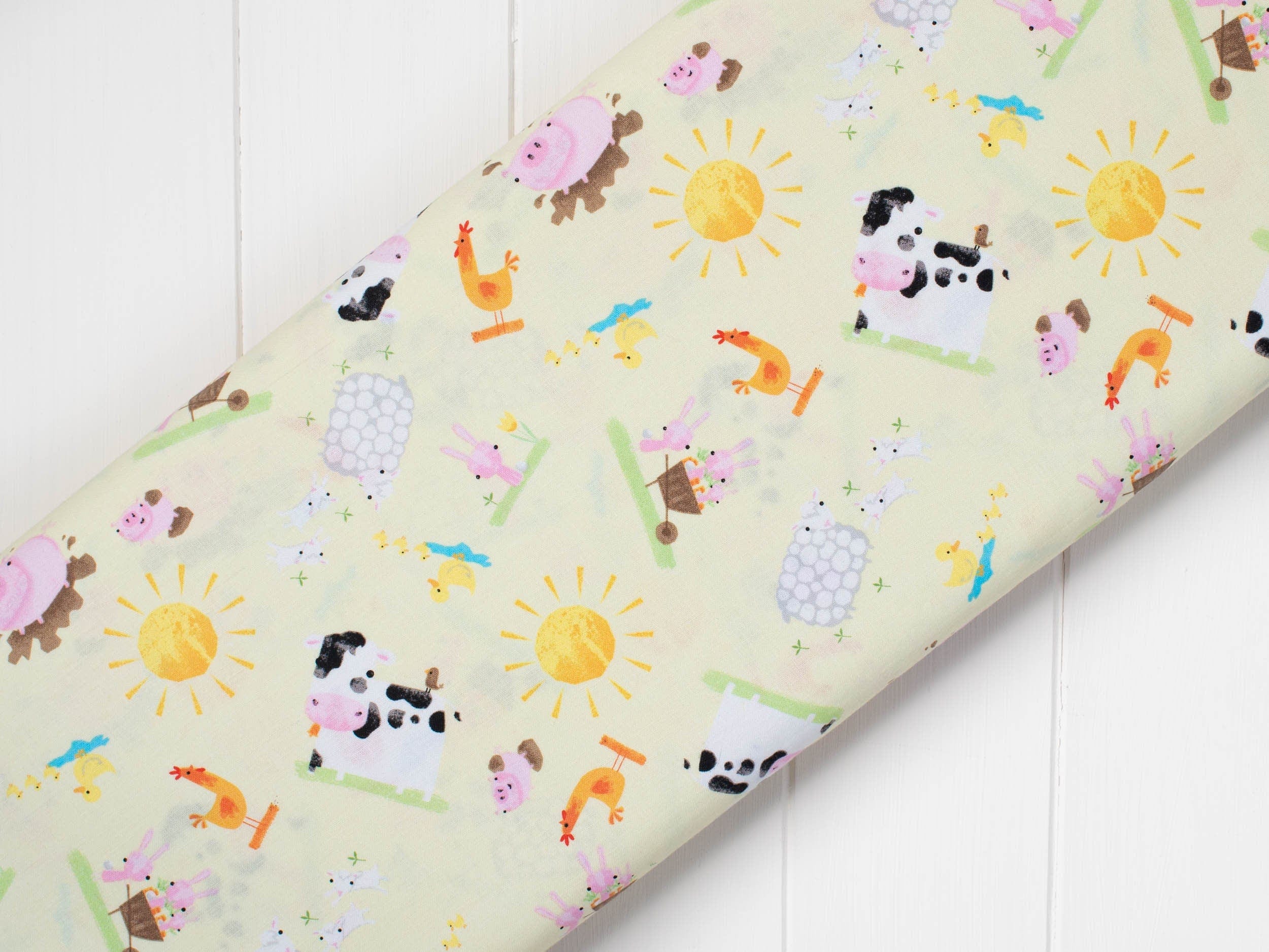 Fabric Rabbits, Lambs on green nursery cotton fabric - 'Playful Farm' Fabric Editions