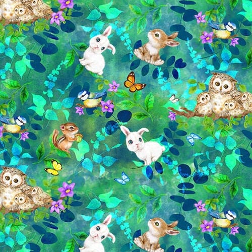 Fabric Rabbits owls woodland green cotton fabric - 'Bunny Meadows' Studio E