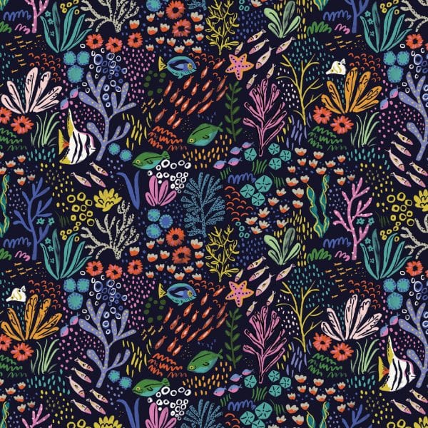 Fabric Racing Fish on Dark Blue cotton fabric - Aquatic Paradise by Dashwood Studio