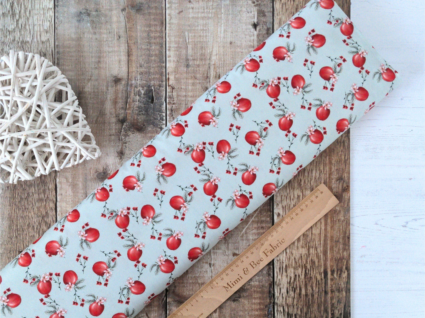 Fabric Red apples on green/blue wide cotton fabric - FabricArt
