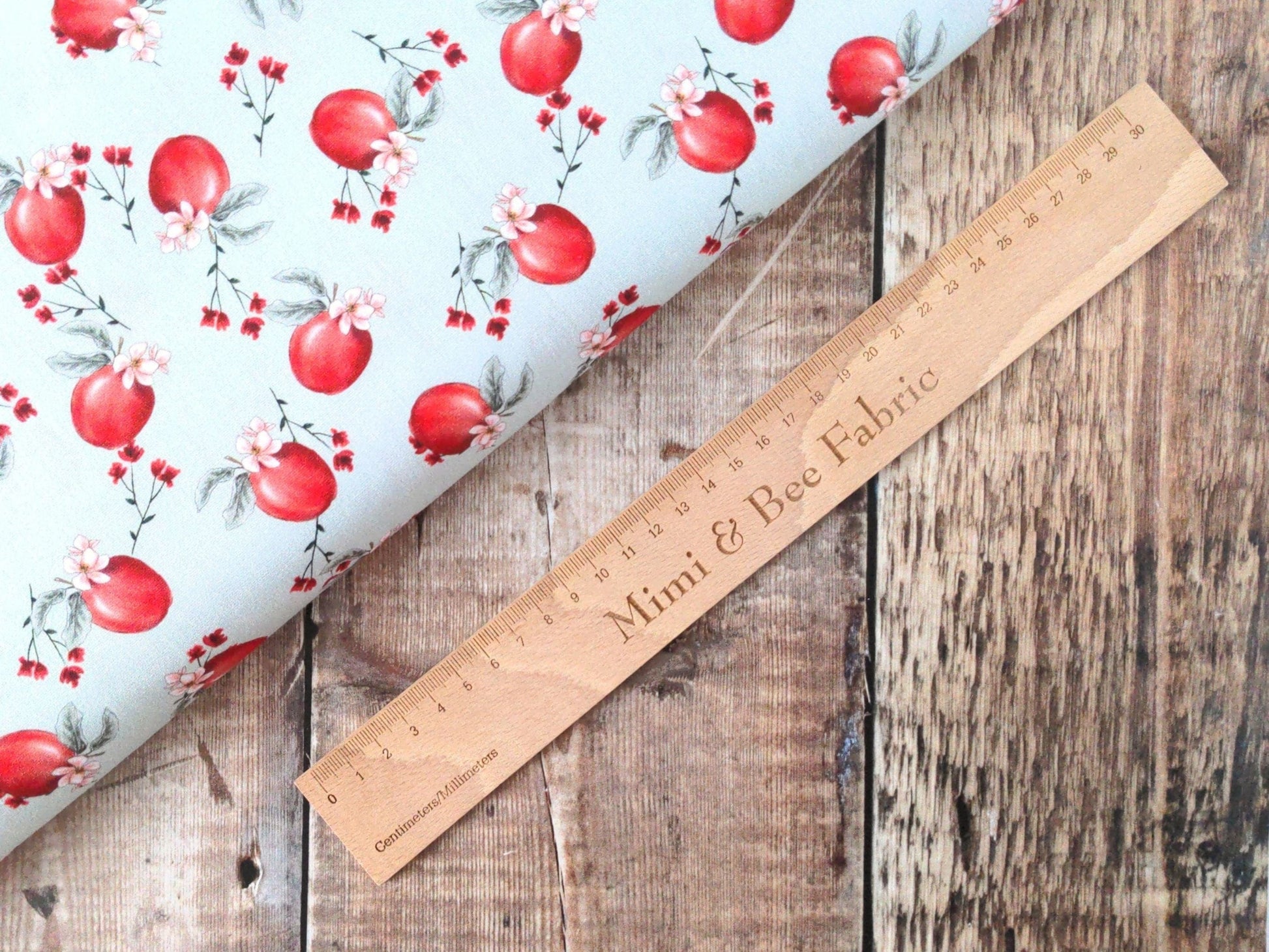Fabric Red apples on green/blue wide cotton fabric - FabricArt