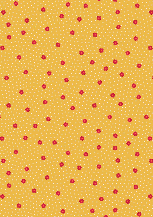 Fabric Red Daisy Flowers Polka Dot on Yellow 100% cotton fabric - Little Matryoshka by Lewis & Irene