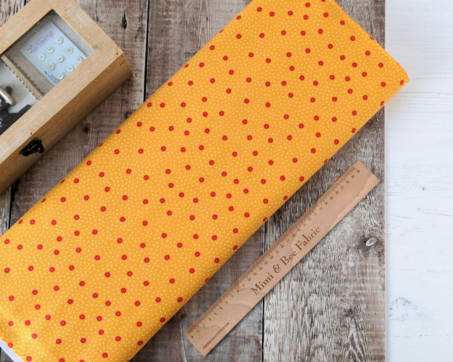 Fabric Red Daisy Flowers Polka Dot on Yellow 100% cotton fabric - Little Matryoshka by Lewis & Irene