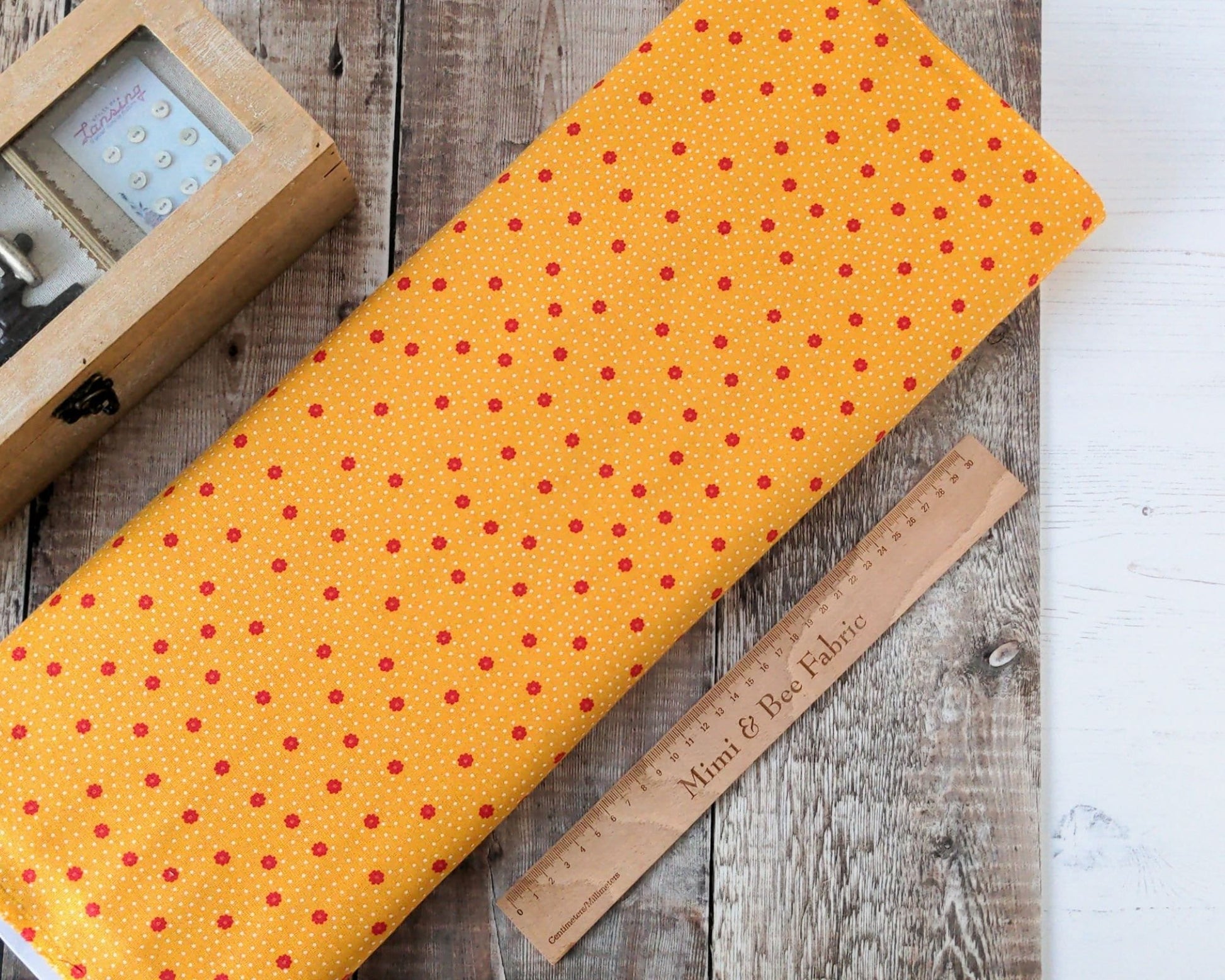 Fabric Red Daisy Flowers Polka Dot on Yellow 100% cotton fabric - Little Matryoshka by Lewis & Irene