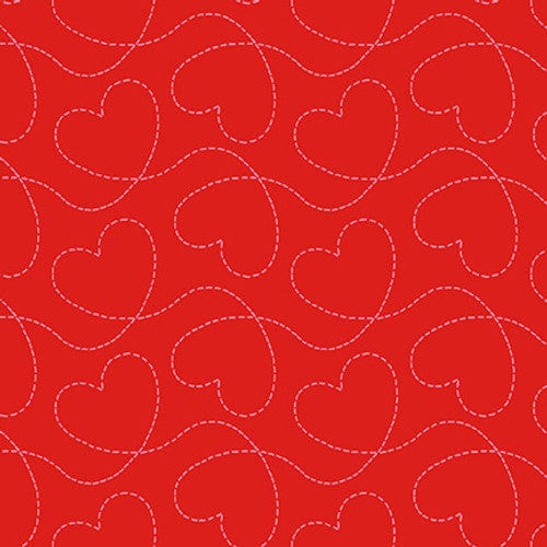 Fabric Red stitching heart fabric - Be Mine - Henry Glass