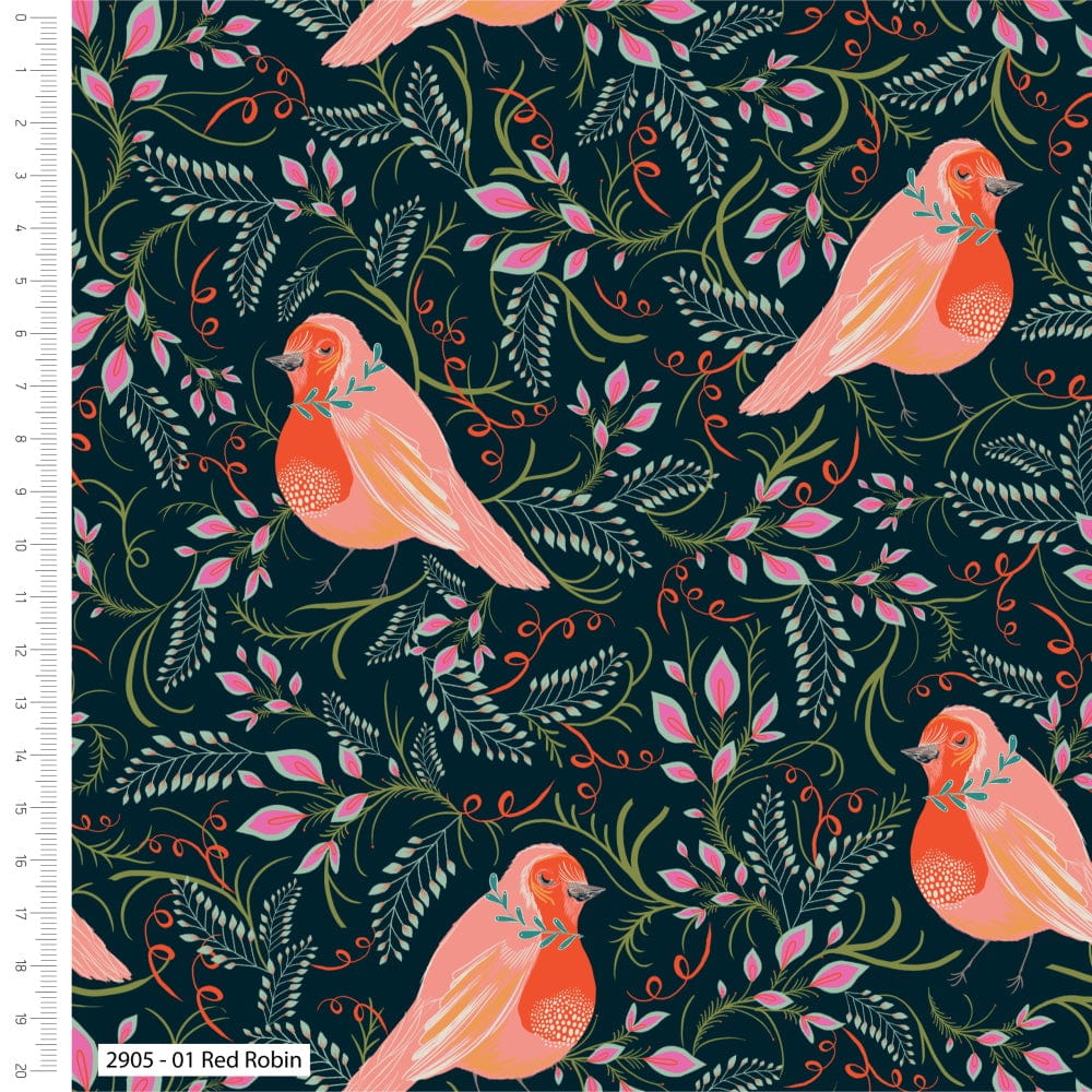 Fabric Robin on black floral cotton fabric - Jolly Robins by CraftCottonCo