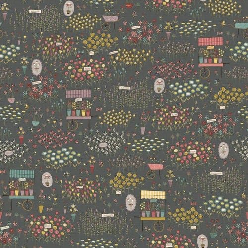 Fabric Rose pink flowers on grey cotton fabric - Market Garden - Henry Glass