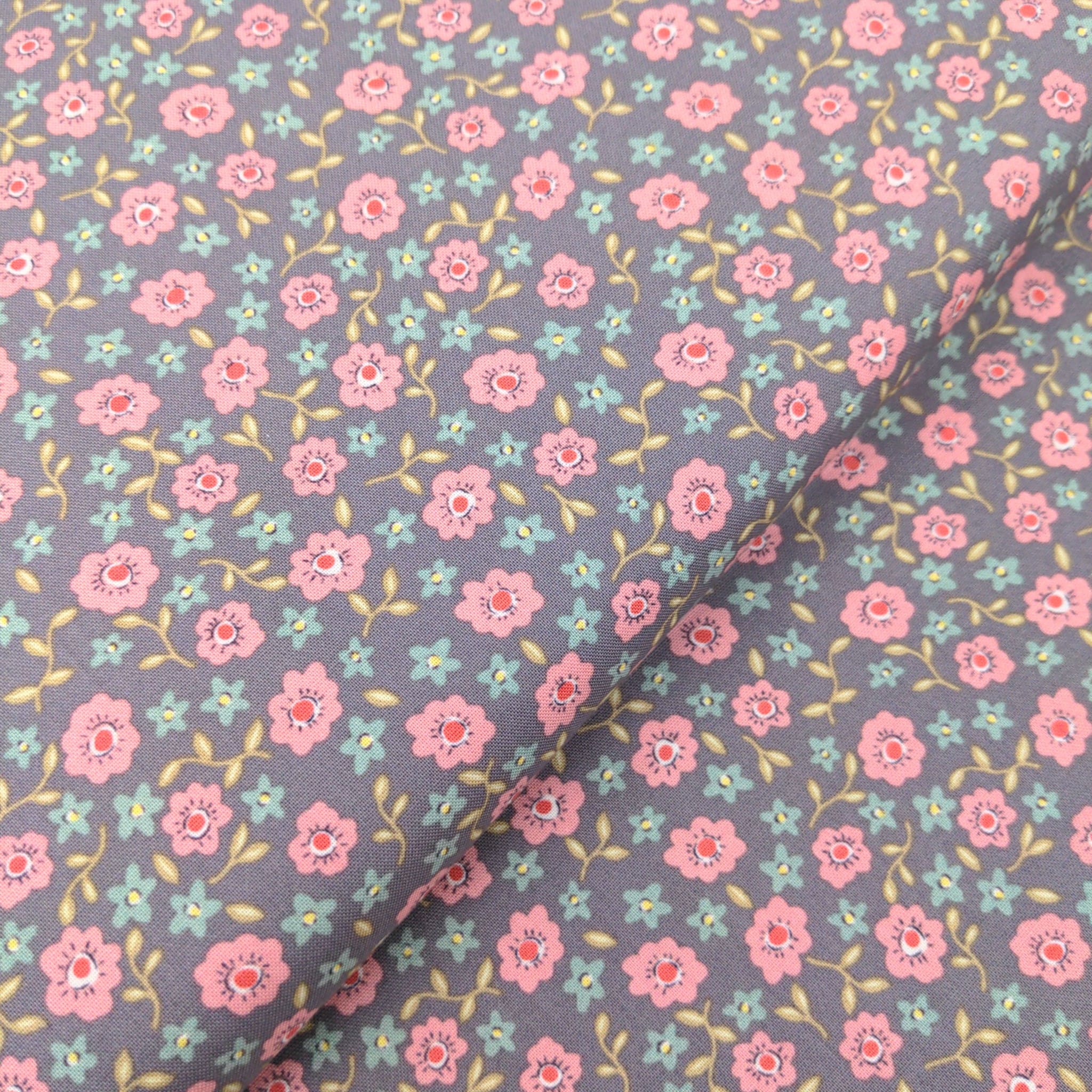 Fabric Rose pink flowers on grey cotton fabric - Market Garden - Henry Glass