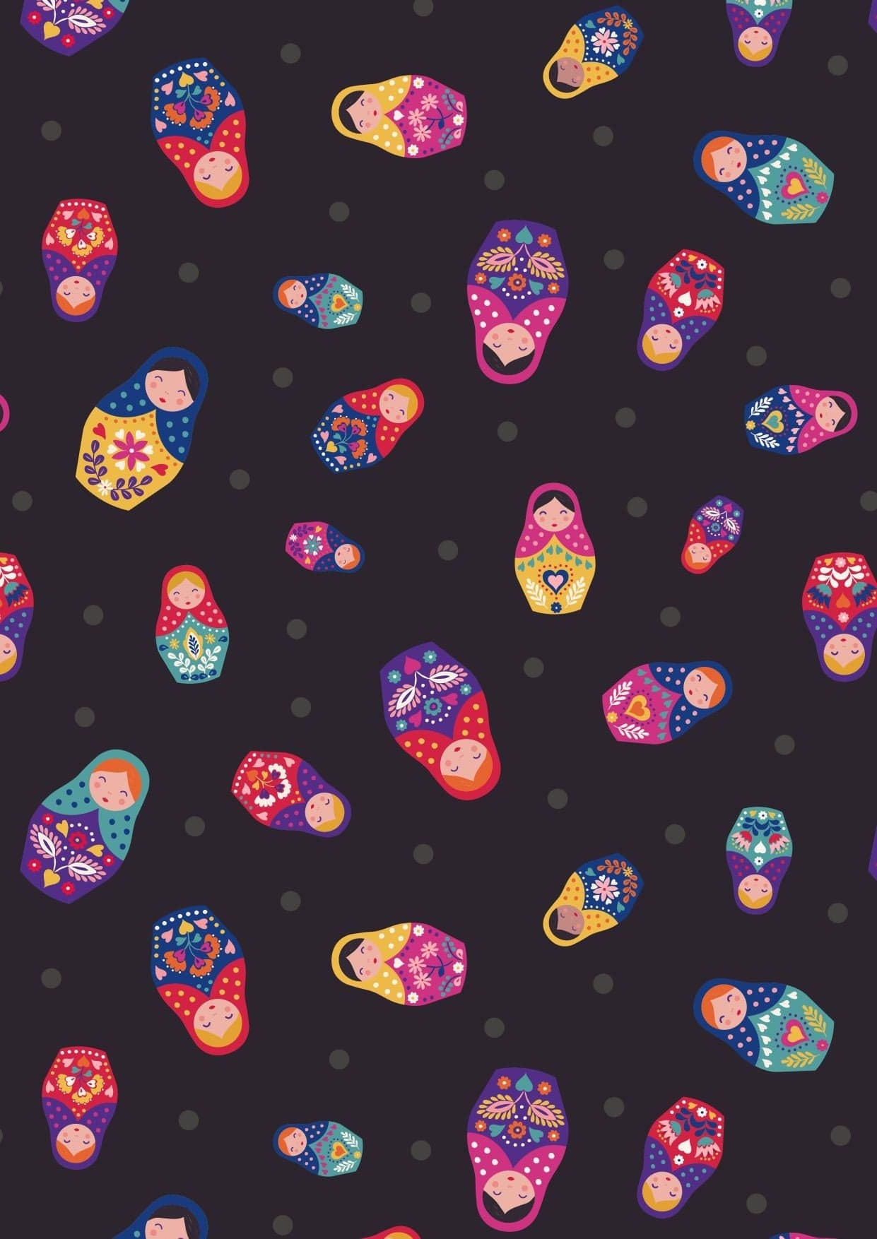 Fabric Russian Dolls on Black 100% cotton fabric - Little Matryoshka by Lewis & Irene