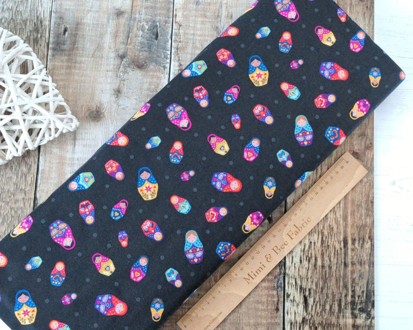 Fabric Russian Dolls on Black 100% cotton fabric - Little Matryoshka by Lewis & Irene