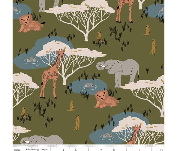 Fabric Safari animals khaki green cotton fabric - The Waterhole by Riley Blake