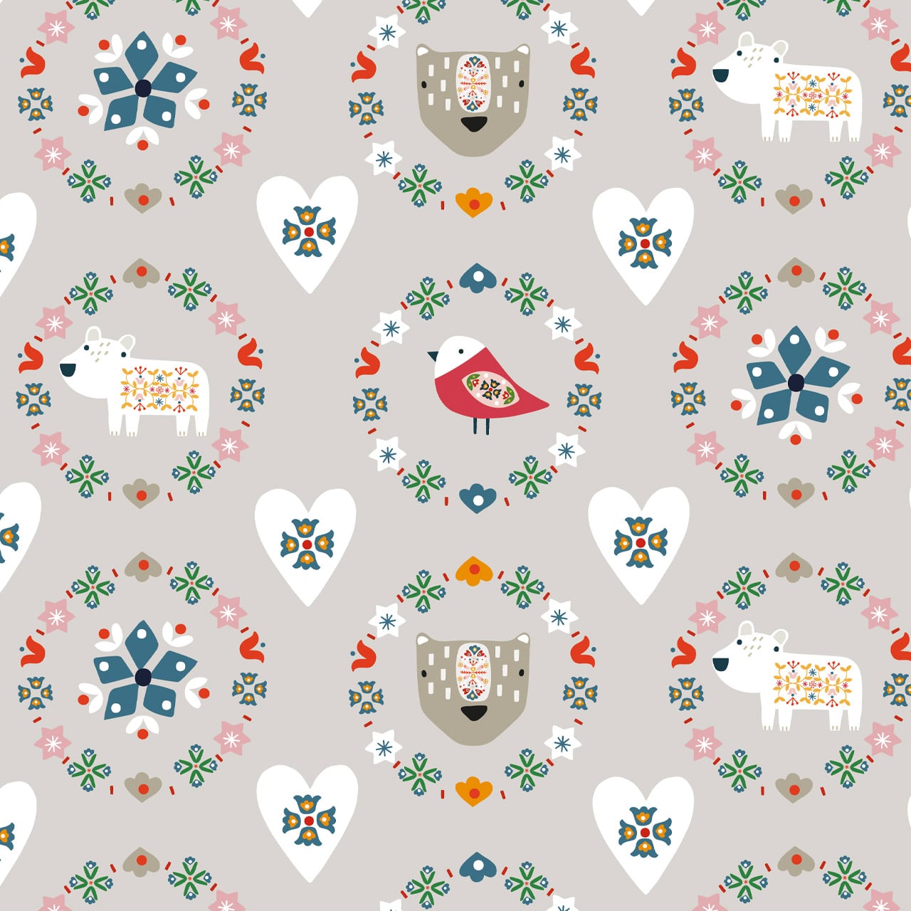 Fabric Scandi animals on grey cotton fabric - Winter Folk by Dashwood Studio