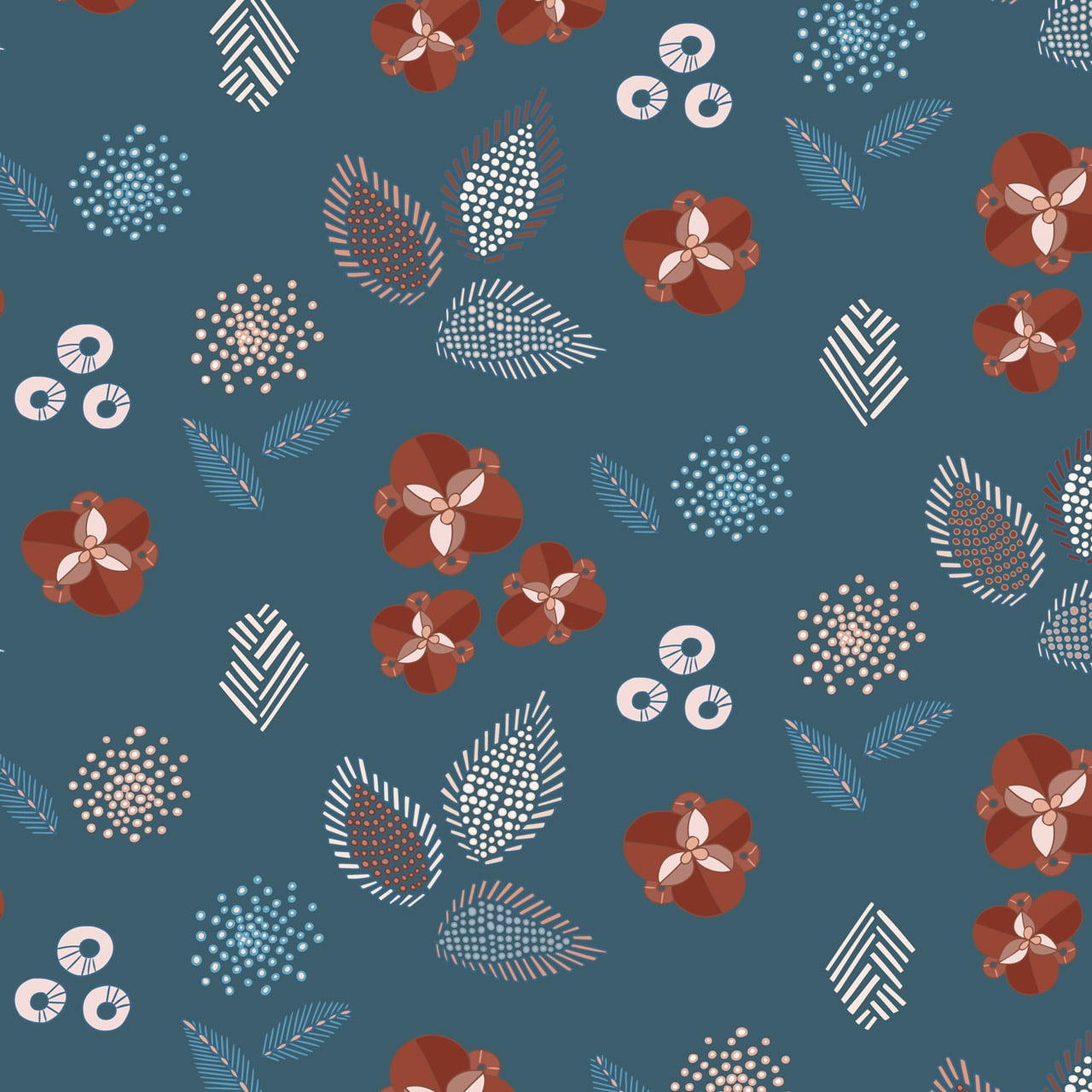 Fabric Scandi Flowers and Leaves on teal cotton fabric - Broderi by Dashwood Studio