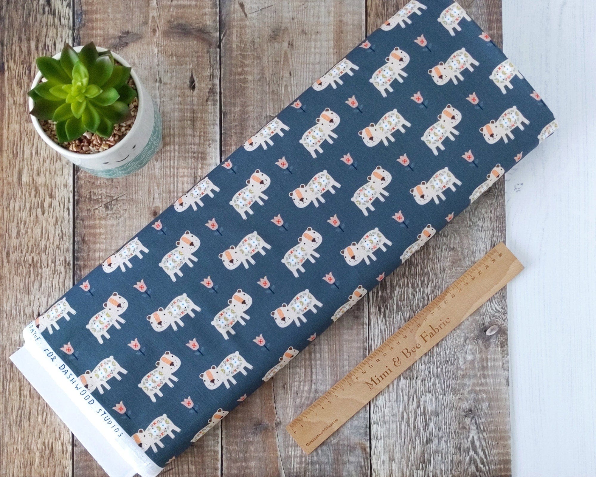 Fabric Scandi Nordic bear on slate grey 100% cotton quilting fabric - Nordiska by Dashwood Studio