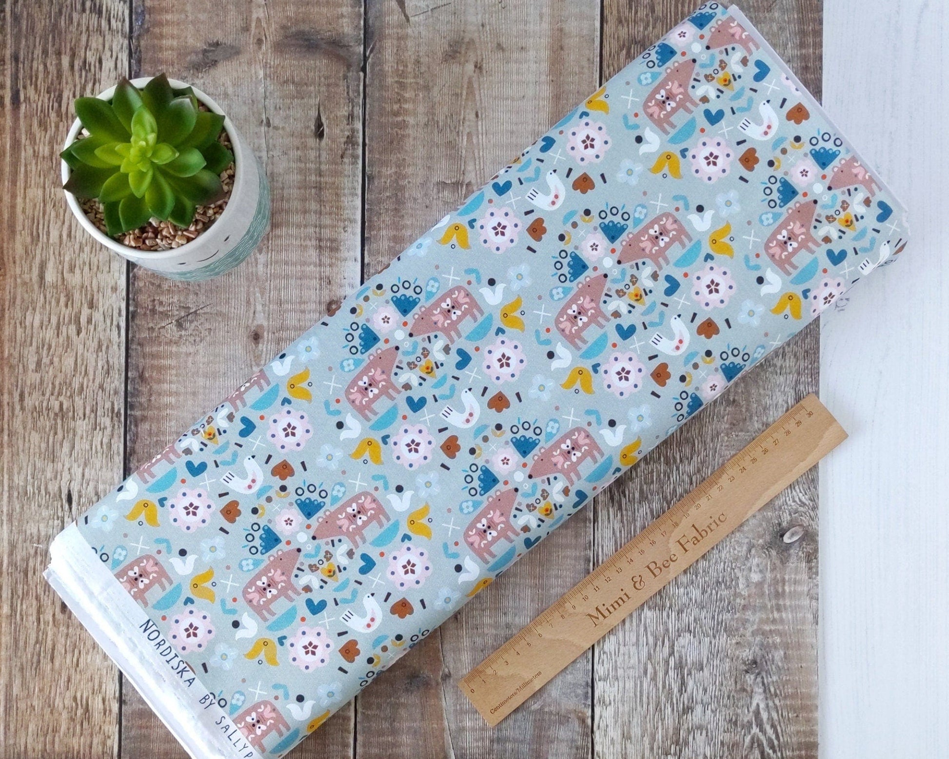 Fabric Scandi Nordic bears and birds on pale blue floral 100% cotton quilting fabric - Nordiska by Dashwood Studio