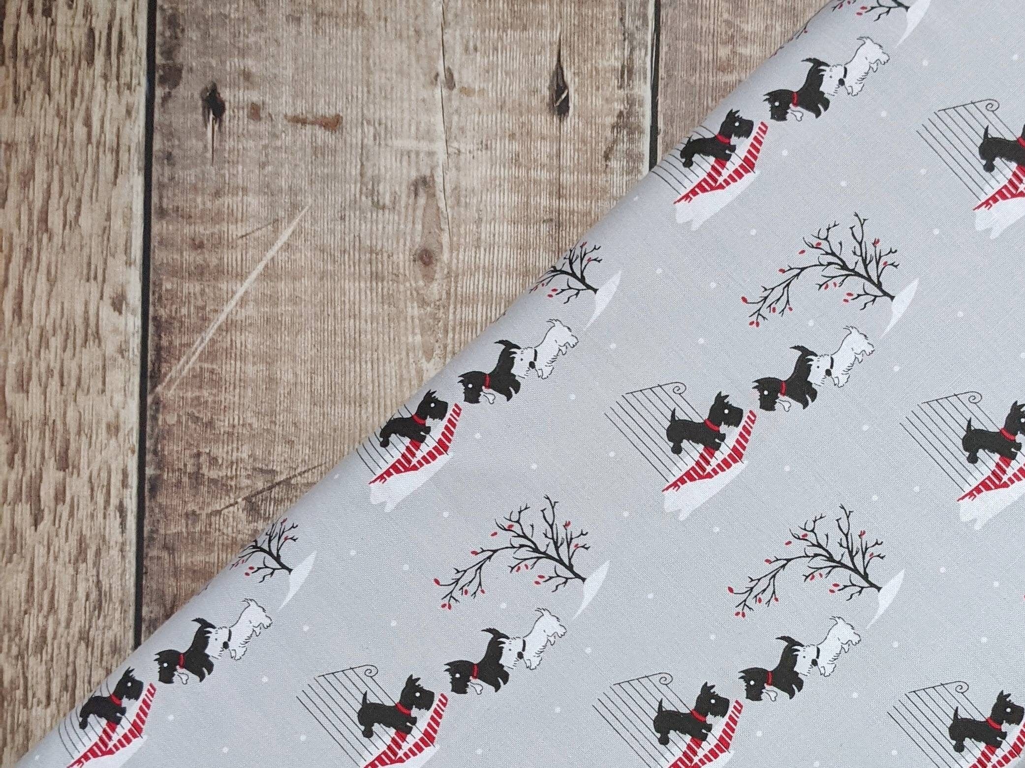 Fabric Scottie Dogs on grey winter fabric - V & A Christmas Wishes - Craft Cotton