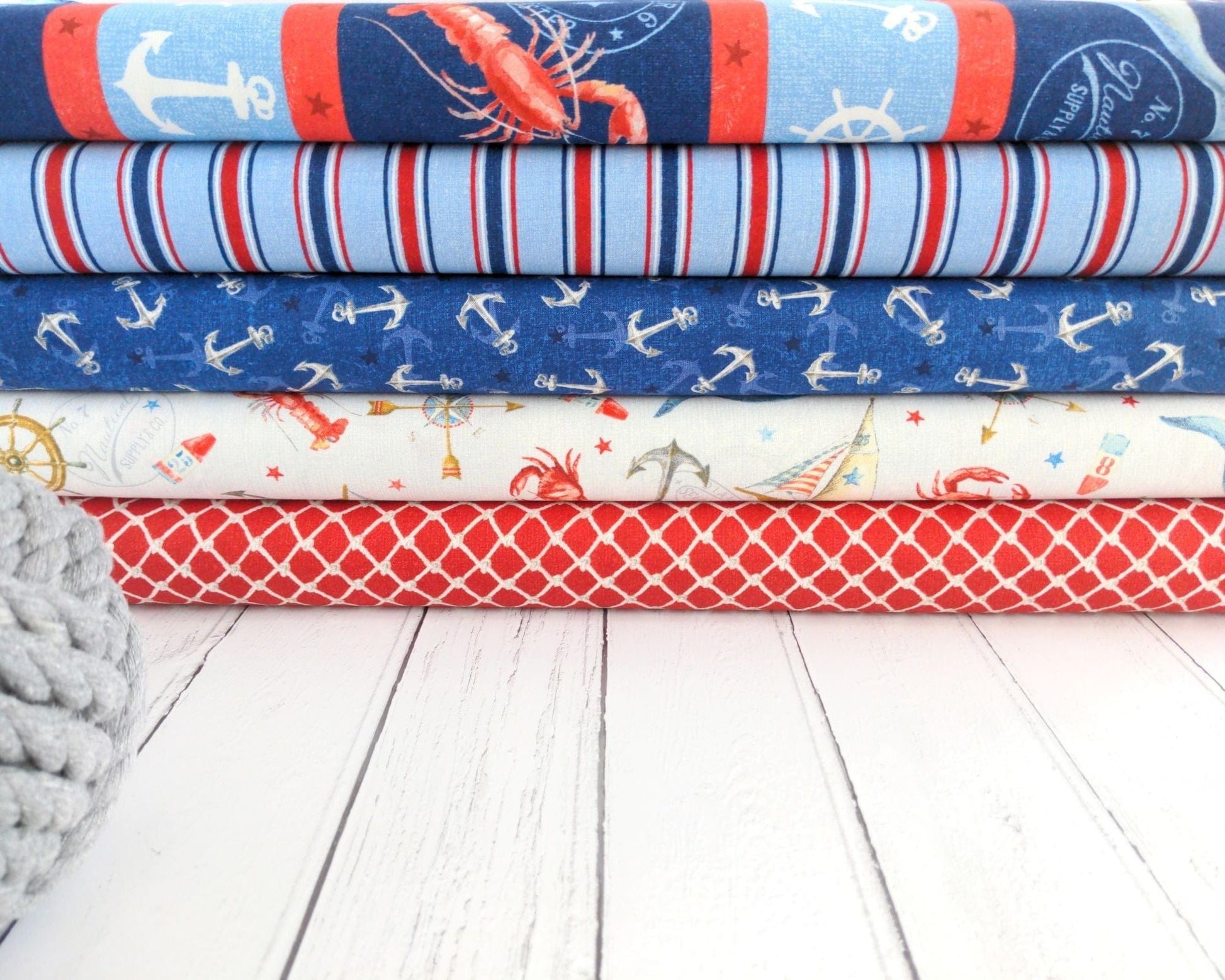 Fabric Seaside anchors on blue cotton fabric - At The Helm - Wilmington