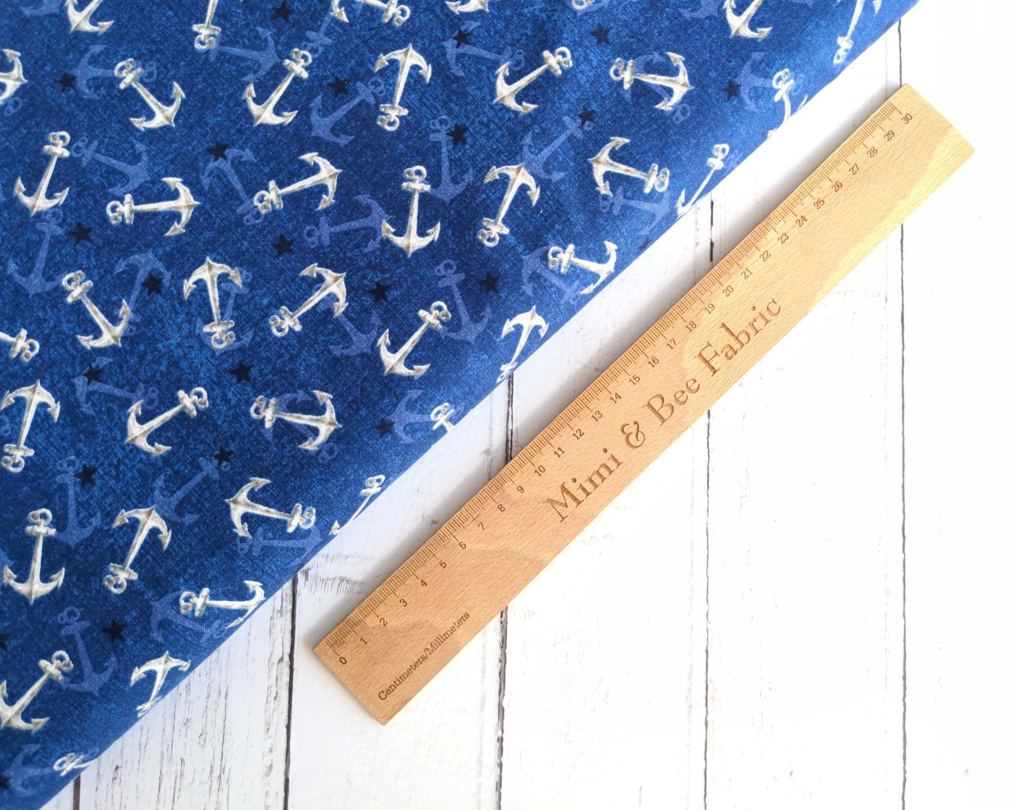 Fabric Seaside anchors on blue cotton fabric - At The Helm - Wilmington