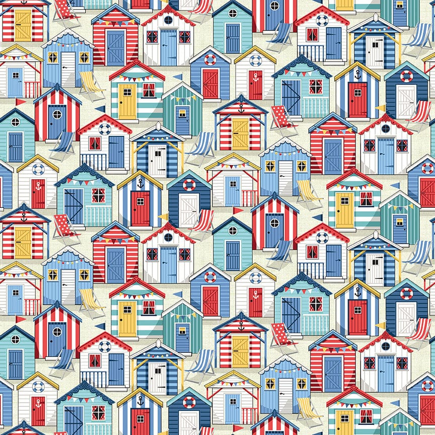 Fabric Seaside beach huts and lighthouses on red cotton fabric- Nautical by Makower