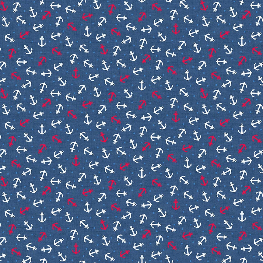 Fabric Seaside beach huts and lighthouses on red cotton fabric- Nautical by Makower