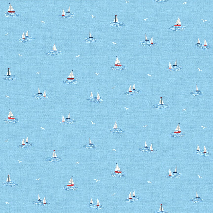 Fabric Seaside beach huts and lighthouses on red cotton fabric- Nautical by Makower