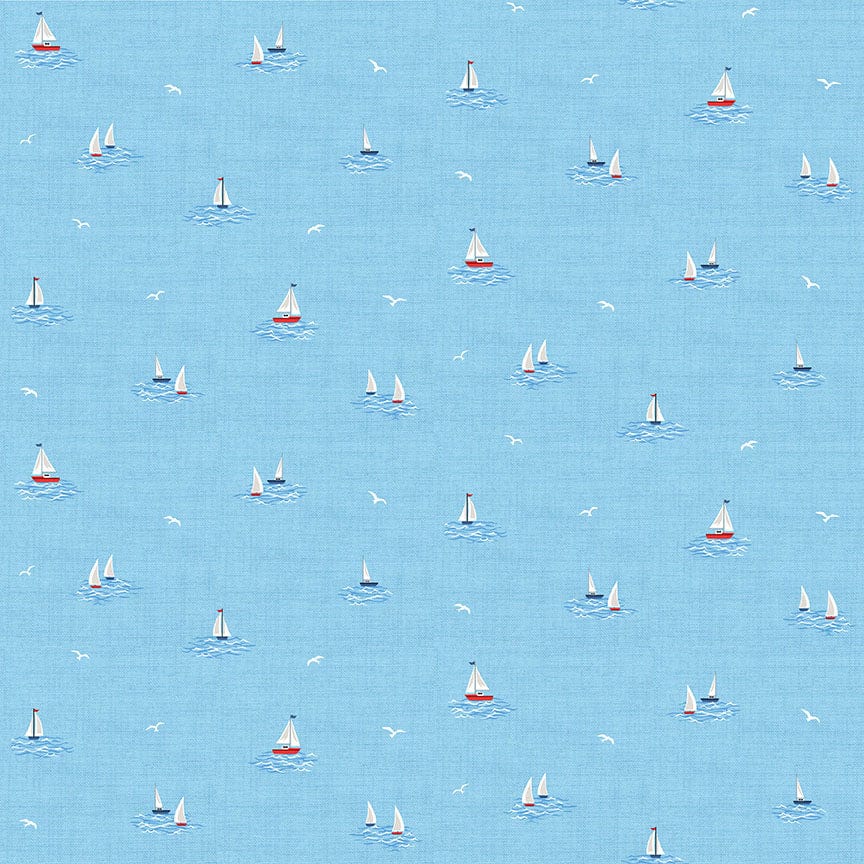 Fabric Seaside beach huts and lighthouses on red cotton fabric- Nautical by Makower